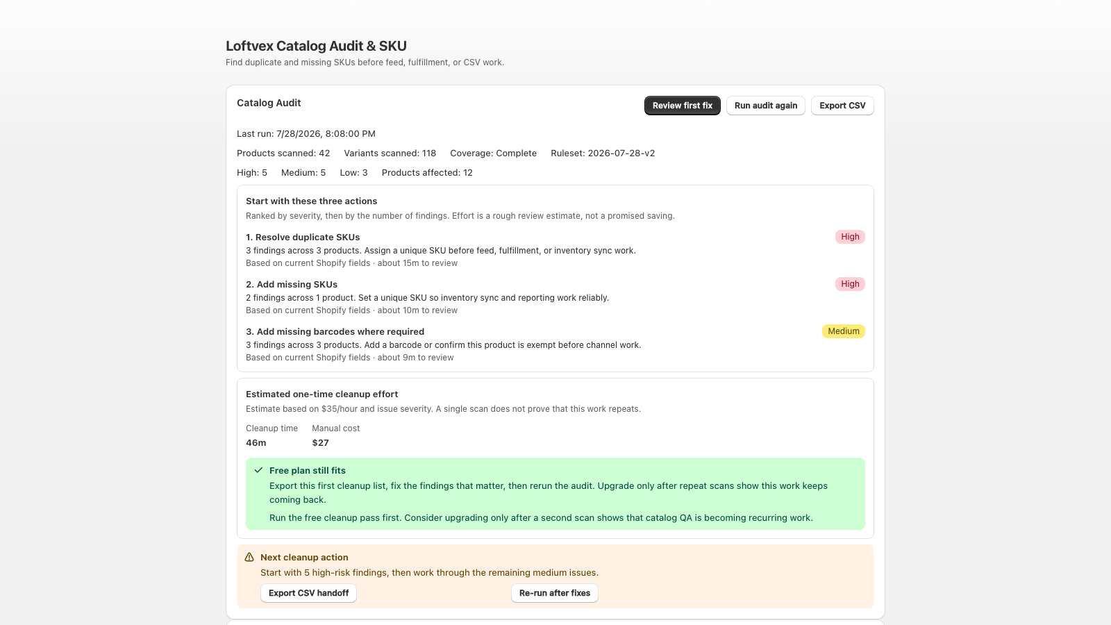 SKU Audit & Cleanup showing duplicate and missing SKU findings inside Shopify Admin