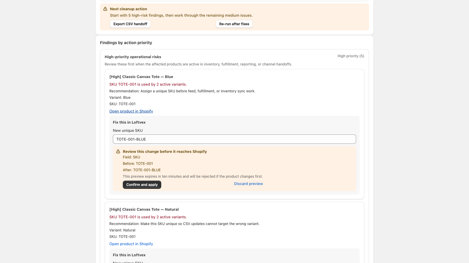 Merchant-approved SKU fix with exact before and after values
