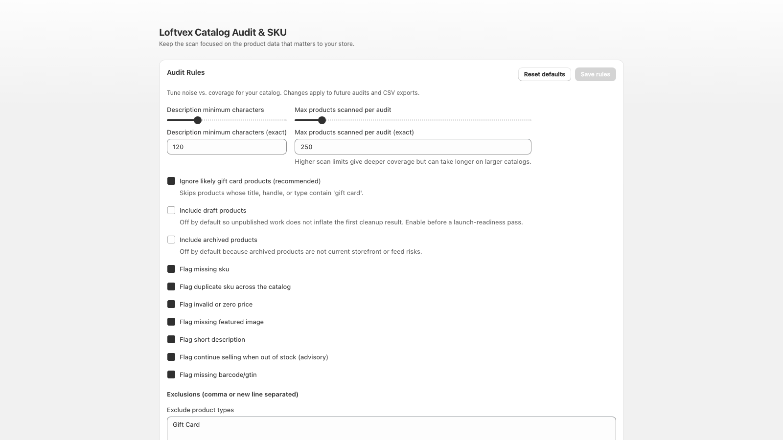 Audit rule controls for SKU, barcode, price, image, and product scope checks